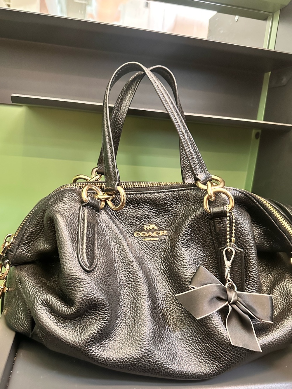 Coach Black Pebbled Leather Tote with Gold Hardware & Bow Charm